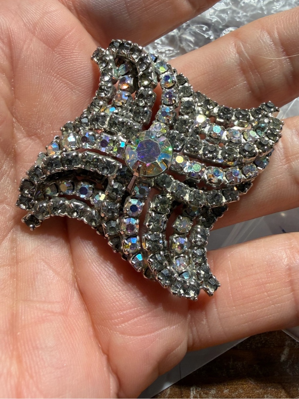 Crystal Aurora Starburst Brooch - Silver with Iridescent Stones